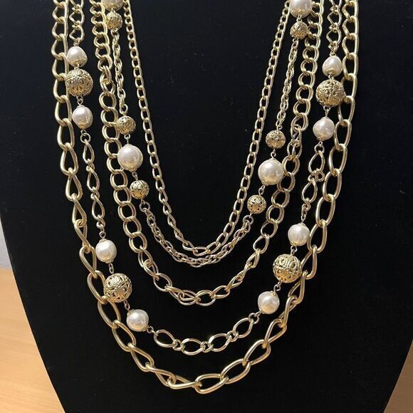 Gold-Tone Faux Pearl Bead Multi Chain Statement Necklace 34.5 in 5 Strand - Picture 2 of 16